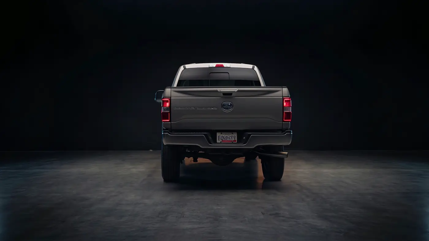 Ford Super Duty seen dead-on from the rear in a dark studio