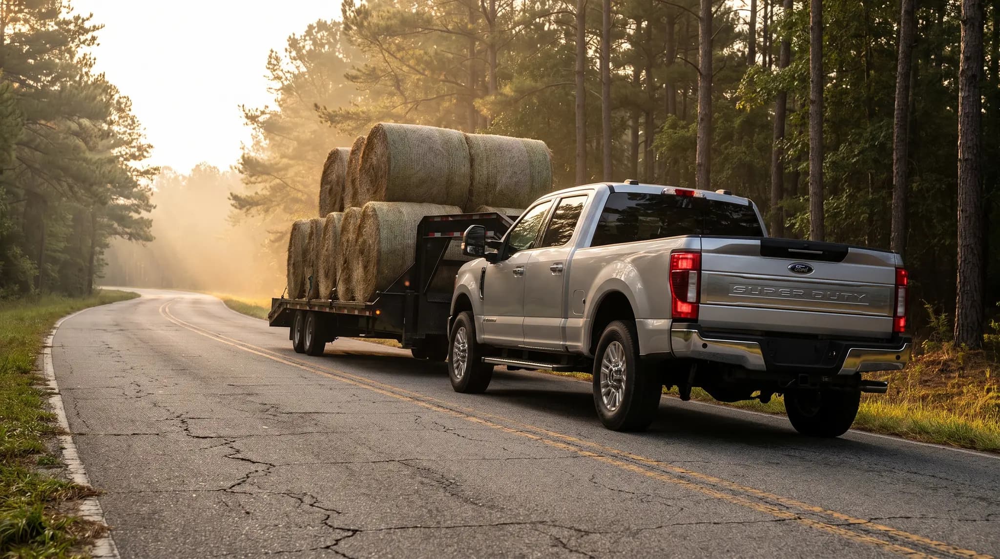Silver Ford Super Duty towing a gooseneck trailer loaded with round hay bales down a pine-lined South Carolina road at dawn