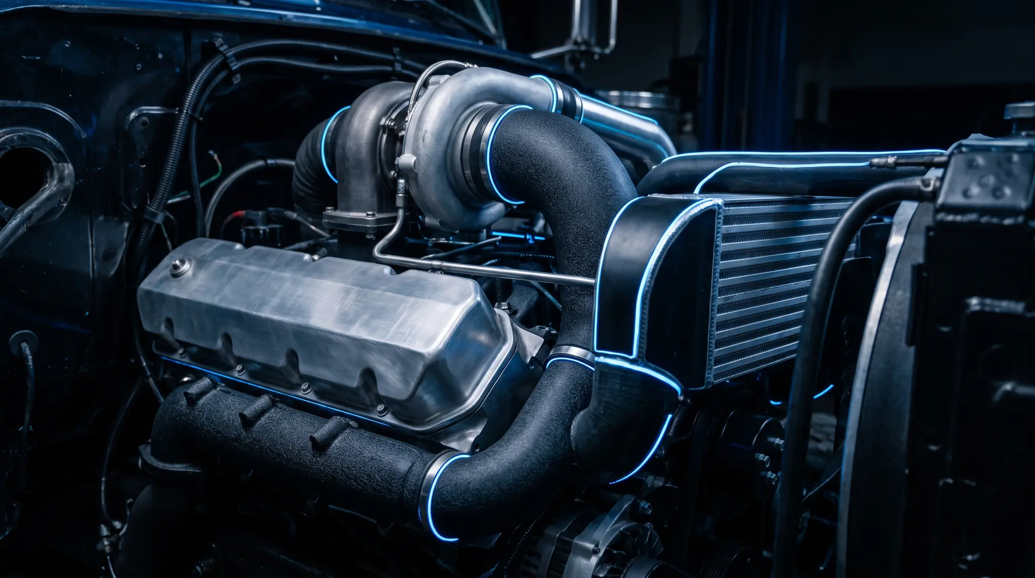 Macro photograph of a turbo-diesel V8 truck engine traced in cool blue rim light